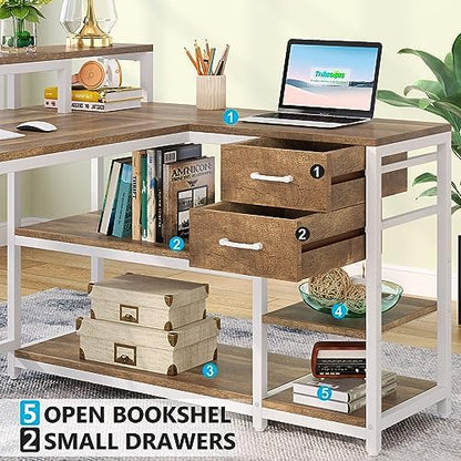Tribesigns L Shaped Desk with Drawers and Monitor Stand, L Corner Desk with Storage Shelves, Beige Wooden PC Table for Samll Home Office