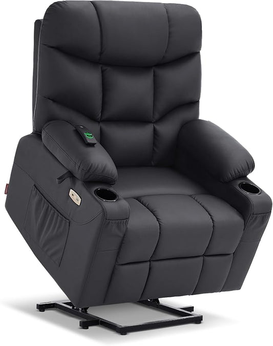 MCombo Power Lift Recliner Chair for Elderly, Electric Lift Chair with Extended Footrest, USB Ports, Cup Holders, Faux Leather 7287 (Black, Medium)