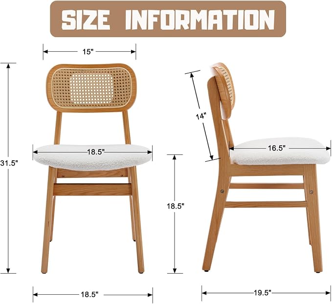 ROCITY Rattan Dining Chairs Set of 4 White Lambswool Dining Room Chairs Natural Wooden Kitchen Chairs Farmhouse