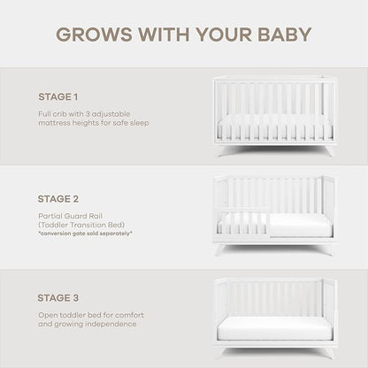 Comfy Cubs Baby Crib for 0 to 3 Years - Adjustable Mattress Height, Natural Wooden Crib for Baby, Elegant Nursery Furniture - 80 lbs Capacity Nursery Bed, Designed in The US - All White