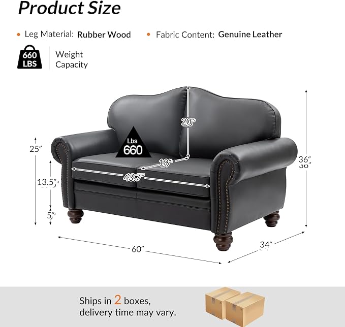 60" Wide Genuine Leather Chesterfield Loveseat, 2 Seat Leather Sofa with Rolled Arms, Nailhead Trim for Living Room Furniture, Easy Assembly – Black
