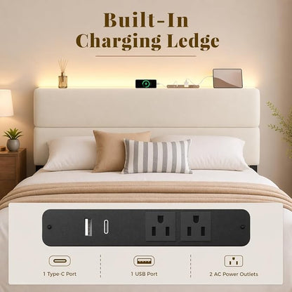 Queen Bed Frame with 2 Storage Drawers, Beige Velvet Upholstered | Platform Bed with Charging Ledge, LED Headboard Lighting, Metal Support, Noise Free, No Box Spring Needed, Easy Assembly