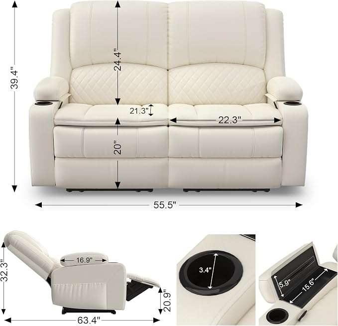 Yolsali Loveseat Recliner Sofa, Manual Reclining Loveseat with Removable Armrest, PU Leather Double Recliner for RV with 2-Tier Cushions, USB Charging Ports, Cup Holders - Ivory White