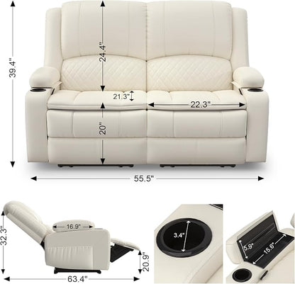 Yolsali Loveseat Recliner Sofa, Manual Reclining Loveseat with Removable Armrest, PU Leather Double Recliner for RV with 2-Tier Cushions, USB Charging Ports, Cup Holders - Ivory White