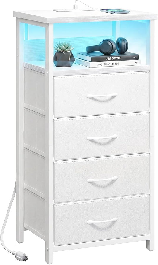 Fixwal Tall Nightstand with Charging Station, Night Stand with U-S-B Ports and Outlets, 4 Fabric Storage Drawers with PU Finish, Small Dresser Bed Side Table, White