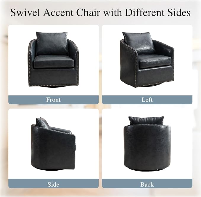 HAOMARKETS 360 Degree Swivel Accent Chair Set of 4 with Plump Back Pillow, Waterproof Oil Waxed PU Leather Swivel Armchair with Rivets, Comfy Vintage Round Barrel Chair for Living Room
