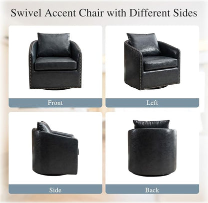 HAOMARKETS 360 Degree Swivel Accent Chair Set of 4 with Plump Back Pillow, Waterproof Oil Waxed PU Leather Swivel Armchair with Rivets, Comfy Vintage Round Barrel Chair for Living Room