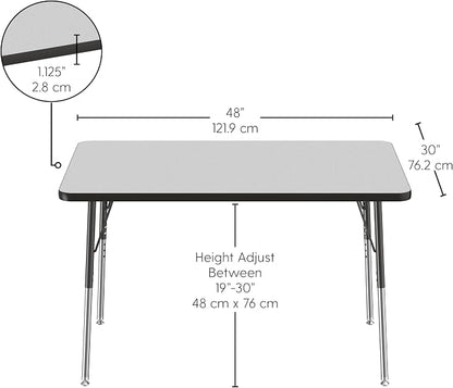 FDP Rectangle Activity School and Office Table (30 x 48 inch), Standard Legs with Swivel Glides, Adjustable Height 19-30 inches; Quick Ship Single Box - Gray Top and Black Edge