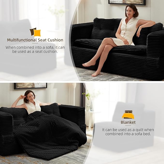 80'' Futon Sofa Bed, King Size Foldable Sleeper Sofa, Corduroy Boneless Loveseat Couch with Chaise Lounge, 3 Pillows, Blanket, Upholstered Sectional Couches for Living Room, Bedroom, Black