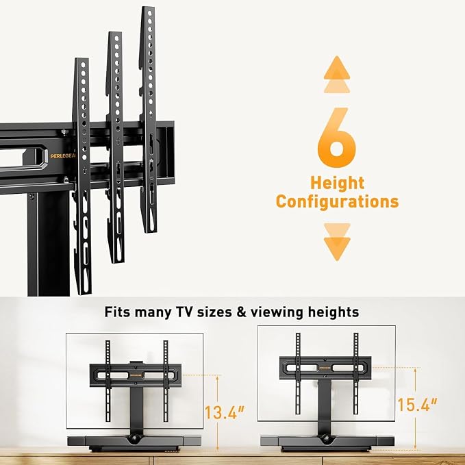 Perlegear Table Top TV Stand Mount, Universal Swivel TV Stand for 32–60,65 Inch LCD/LED/OLED TVs up to 88 lbs with Tempered Glass Base, Height Adjustable TV Base with Tilt, Max VESA 400x400mm
