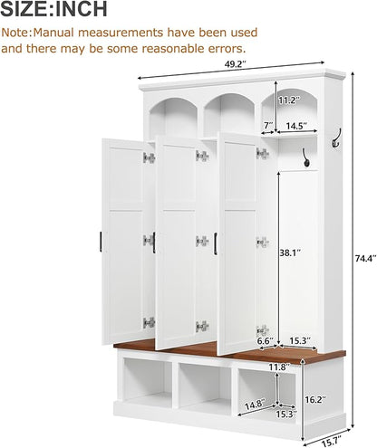 Merax Classic Arched Hall Tree with 3 Hidden Storage, Farmhouse Mudroom Bench with 5 Hooks, Mid-Century Entryway Organizer for Shoes, White