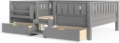Bellemave Full Kids Montessori Bed with Stairs, Bookshelf and Drawers, Solid Wood Kids Bed Frame with Storage for Boys Girls, Low Profile,Gray