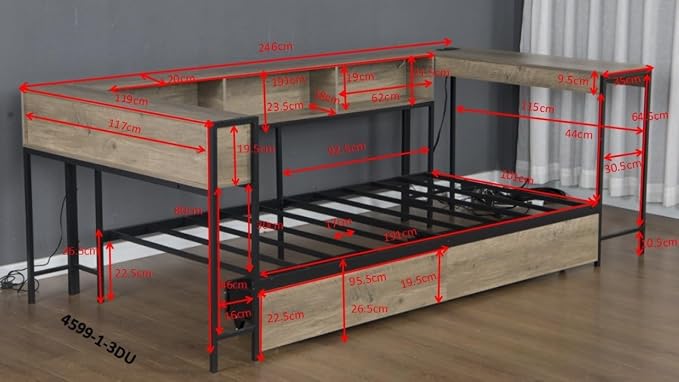 Bellemave Twin Corner Bed Frame with Storage Bookcase & 2 Drawers, Modern Metal Twin Daybed with LED Lights & Charging Station, Reversible Twin Corner Bed with Desk for Space-Saving, Grey