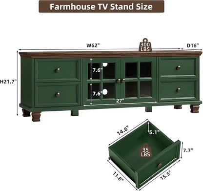 SAVOR LIFE Farmhouse TV Stand for Living Room, Rustic Green Entertainment Center with Storage Cabinet,Wood TV Console with 4 Drawers,Modern TV Stands for Bedroom,Green