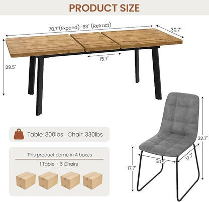 Extendable Dining Table Set for 6 to 8 People, 63" to 78.7" Modern Kitchen Table Set with 6 Chairs, MDF Dining Room Table and Chairs with Removable Extension Leaf (Walnut Table+U-Shaped Grey Chairs)