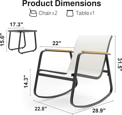 Aiho 3-Piece Patio Furniture Set, Outdoor Furniture with Textilene Fabric Rocker Chairs with Coffee Table, Patio Bistro Sets for Garden, Balcony, Poolside(White)