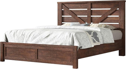 AMERLIFE Full Size Bed Frame with 49.2" Barn Door Headboard and Footboard, Rustic Farmhouse Platform Bed Frame with Wood Slats, No Box Spring Needed, Under Bed Storage, Reclaimed Barnwood