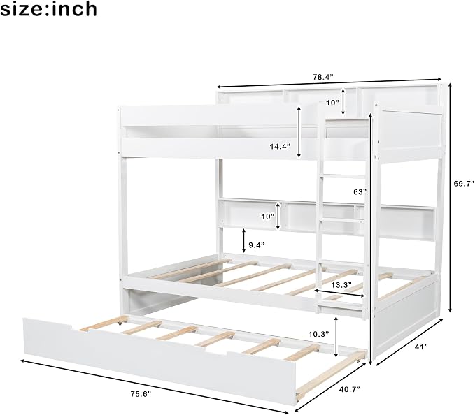 Harper & Bright Designs Rustic Wood Bunk Bed with Pull-Out Trundle, Twin Over Twin Wooden Bunk Bed with Large Cabinet Beside Upper and Down Bed, White