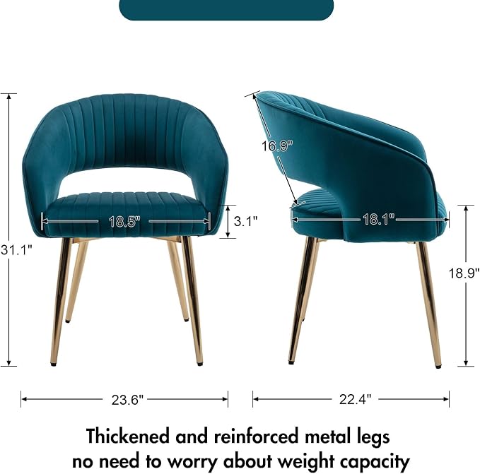 Hyfirm Teal Velvet Dining Chairs Set of 4, Modern Gold Dining Room Chairs with Hollow Back, Upholstered Accent Kitchen Chairs for Living Room/Reception/Restaurant