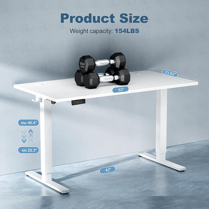 DUMOS 63 Inch Electric Standing Desk Height Adjustable, Sit to Stand Computer Workstations Large Work PC Table Home Office Writing Gaming Desks with Memory Presets for Walking Pad, Bedroom, White