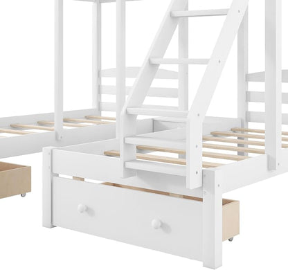 VilroCaz Wood Bed Bunk Bed with 2 Storage Drawers for 3, Full Over Twin & Twin Bunk Bed Frame with Built-in Middle Drawer, Guardrail and Ladder for Kids Teens Adults, Maximized Space Design