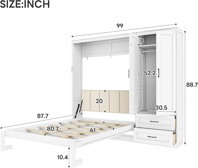 Merax Farmhouse Multi-Functional Murphy Bed with Wardrobe & Drawers,White | Queen Size Foldable Wall Platform Bed Upholstered Headboard for Guest-Room, Bedroom/ Space Saving