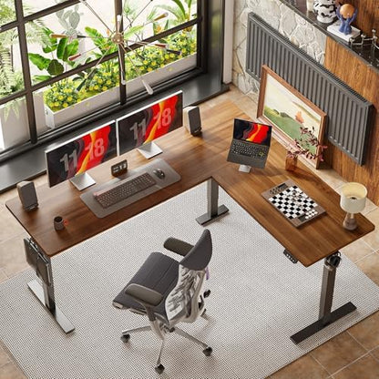 TIQLAB 75 x 61 inch L Shaped Standing Desk Adjustable Height, Electric Corner Standing Desk, Sit Stand Computer Table with Splice Board, Black Walnut