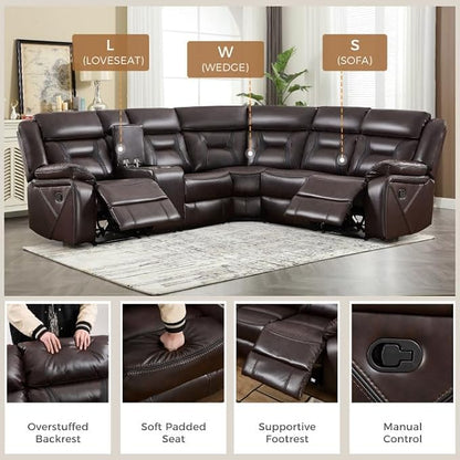 EBELLO Faux Leather Reclining Sectional Sofa Set for Living Room, 1 Recliner Chair and L-Shaped Reclining Couches Home Furniture Set with Center Console, Hidden Cup Holders and Storage, Dark Brown