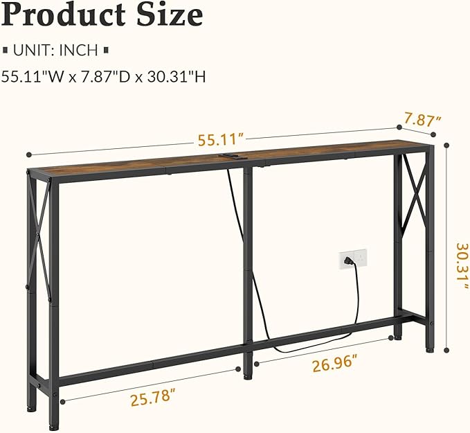 Gewudraw Console Table with Oulets and USB Ports, 55.1" Sofa Table Behind Couch, Industrial Long Skinny Stand for Hallway, Living Room, Bedroom, 6.5 Feet Power Cord, Rustic Brown