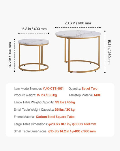 VEVOR Nesting Coffee Table Set of 2, 23.6 in Round Coffee Table, Nesting Tables for Small Place, Vintage End Side Tables Night Stand with Metal Frame, for Living Room, Bedroom, Office (White & Gold)