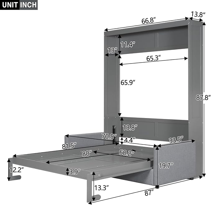 MERITLINE Queen Murphy Bed with Couch,Wood Murphy Bed Cabinet with Sofa,Folding Murphy Wall Bed Queen Size Grey Murphy Bed Cabinet