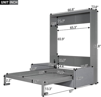 MERITLINE Queen Murphy Bed with Couch,Wood Murphy Bed Cabinet with Sofa,Folding Murphy Wall Bed Queen Size Grey Murphy Bed Cabinet