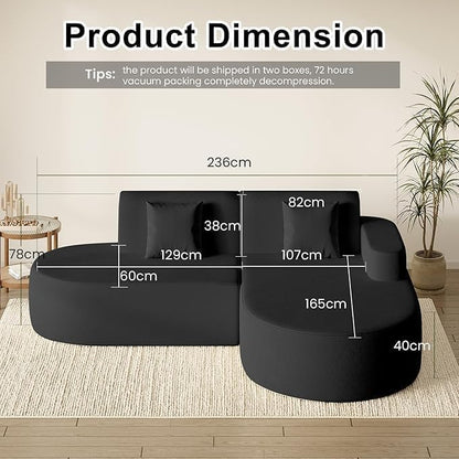 Modern Curved Boneless Sofa Couch, L-Shaped Corner Sofa, Chenille Upholstered Cloud Sectional Couch for Living Room, Bedroom and Apartment,No Assembly Needed(Black, Right Hand Facing)