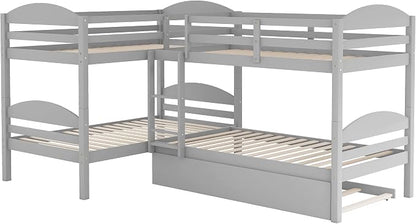 Flieks Four Bunk Bed Twin-Over-Twin-Over-Twin-Over-Twin L Shaped Bunk Bed with Trundle, Bunk Bed Can be Divided into 2 L-Shaped Beds for Accommodating 5, Family, Kids, Teens, No Box Spring Needed