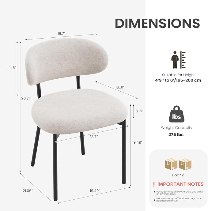 Upholstered Dining Chairs Set of 6, Modern Fabric Kitchen Chairs with Curved Backrest and Cushioned Seat, Sturdy Metal Legs, Comfortable Accent Chairs for Kitchen Dining Room, Living Room,Beige
