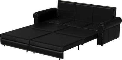 93.7" King Size Sleeper Sofa Bed, Pull Out Sofa Bed, Faux Leather Upholstery, 3 in 1 Convertible Sleeper Couch, Chaise Lounge, Retro Recliner for Living Room, Apartment, Office, Black