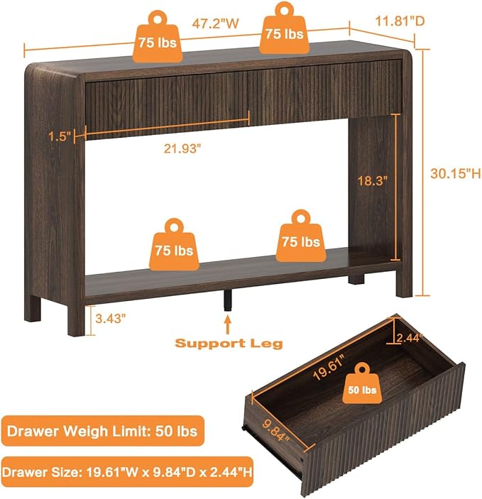 FATORRI Console Sofa Table with 2 Drawers, 47.2 inch Wood Couch Table Behind Sofa, Farmhouse Entryway Tables for Hallway Storage, Dark Walnut