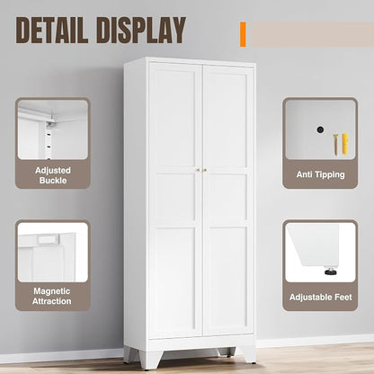 Yizosh Metal Pantry Cabinet,- 72" White Kitchen Pantry Storage Cabinet with Doos and Adjustable Shelves for Kitchen, Living Room,Dining Room,Home
