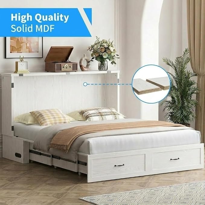 PUREMIND Murphy Bed Queen, Crisscross Frame Cabinet Beds Chest with Charging Station & Storage Drawers, Convertible Hideaway Cabinet Bed for Guest Room, White, Without Mattress