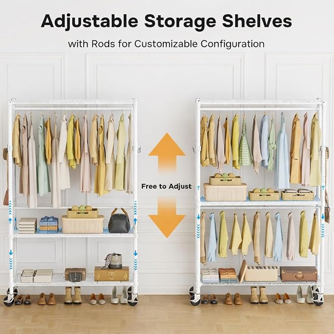 Simple Deluxe Rolling Clothes Rack, Heavy Duty Clothing Rack, 3-Shelf Portable Adjustable Wardrobe Closet with Wheels, Hanging Rods & Side Hooks, 43.3" W x 17.7" D x 80.3" H, White