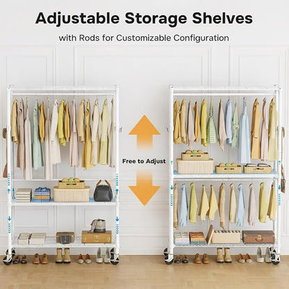 Simple Deluxe Rolling Clothes Rack, Heavy Duty Clothing Rack, 3-Shelf Portable Adjustable Wardrobe Closet with Wheels, Hanging Rods & Side Hooks, 43.3" W x 17.7" D x 80.3" H, White