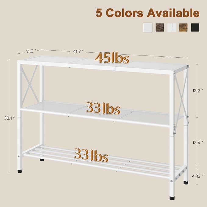 Hoctieon White Industrial Console Table, 3 Tier Entryway Tables, Hallway Desk, Narrow Sofa Tables with Shelves, Entrance Table for Entryway, Living Room, Foyer, Hallway, Office, White