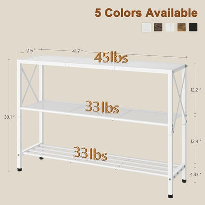 Hoctieon White Industrial Console Table, 3 Tier Entryway Tables, Hallway Desk, Narrow Sofa Tables with Shelves, Entrance Table for Entryway, Living Room, Foyer, Hallway, Office, White