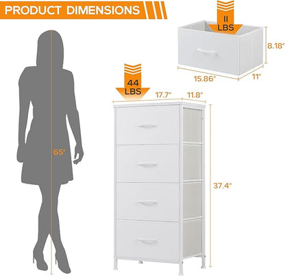 DUMOS Dresser for Bedroom, 4 Storage Drawers Tall Fabric Closet Chests | Organizer Tower Furniture with Wooden Top Metal Frame for Living Room, Hallway, White