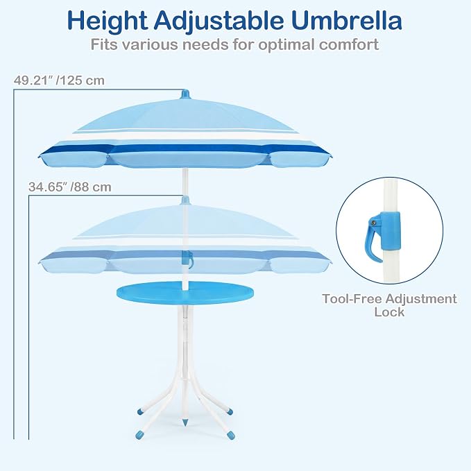 Olakids Kids Picnic Table, Outdoor Toddler Patio Furniture Set with 2 Folding Chairs Adjustable Foldable Umbrella for Garden Backyard Beach (Blue)
