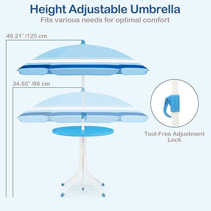 Olakids Kids Picnic Table, Outdoor Toddler Patio Furniture Set with 2 Folding Chairs Adjustable Foldable Umbrella for Garden Backyard Beach (Blue)