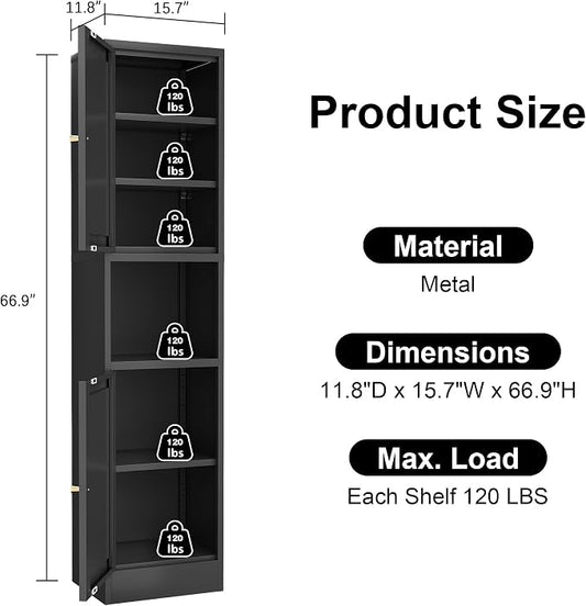 Tall Bathroom Storage Cabinet, Metal Narrow Cabinet with Ajustable Shelves Open Countertop, Slim Pantry Cabinets for Small Spaces, Living Room, Kicthen, Dining Room