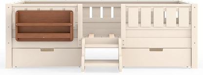Bellemave Twin Bed with Storage Drawers & Bookshelf, Low Profile Kids Bed Frame with Staircase & Full Length Guardrails, Solid Wood Twin Bed for Kids with Slats Load 300LBS, Easy Assembly, Beige
