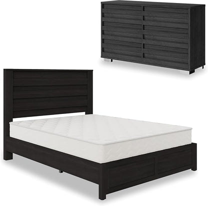 AMERLIFE 2-Piece Farmhouse Bedroom Set, Queen Size Bed Frame and 6 Drawer Dresser, Platform Bed with 49" Fluted Headboard, 54" Wide Wood Chest of Drawer for Bedroom, Black