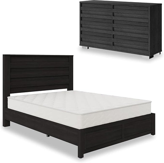 AMERLIFE 2-Piece Farmhouse Bedroom Set, Queen Size Bed Frame and 6 Drawer Dresser, Platform Bed with 49" Fluted Headboard, 54" Wide Wood Chest of Drawer for Bedroom, Black